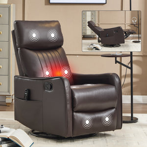 English Elm Blue Fabric Swivel Rocker Recliner with Massage Heat Nodes for Living Room Comfort Brown Pu W1803P321813