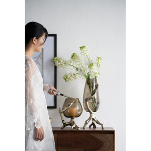 English Elm 8.5x7.1x10.4" Sculptural Olive Glass Pillar Holder on Gold Aluminum Legs W2078P490403