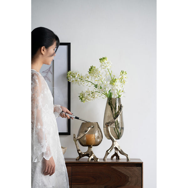 English Elm 8.5x7.1x10.4" Sculptural Olive Glass Pillar Holder on Gold Aluminum Legs W2078P490403
