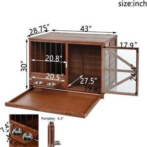 English Elm 43" Solid Pine Dog Crate End Table with Walnut Finish and Rotating Feeder Bowl N843P322022W