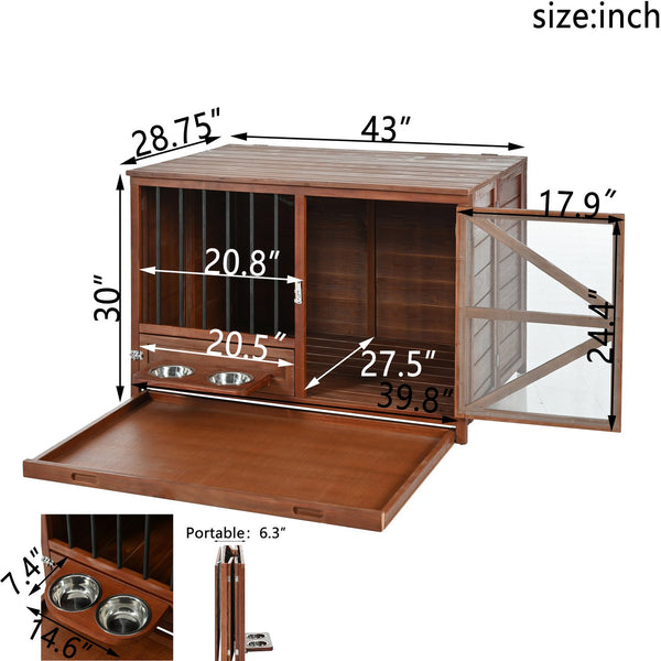 English Elm 43" Solid Pine Dog Crate End Table with Walnut Finish and Rotating Feeder Bowl N843P322022W