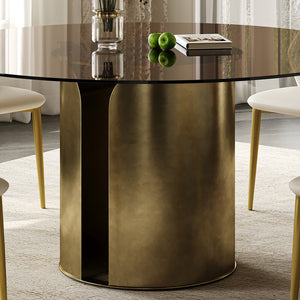 English Elm 59-Inch Round Dining Table - Elegant Dark Brown Glass Top With Antique Copper Steel Legs For 6-8 W509S00145