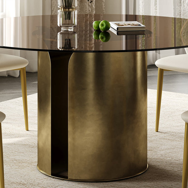 English Elm 59-Inch Round Dining Table - Elegant Dark Brown Glass Top With Antique Copper Steel Legs For 6-8 W509S00145