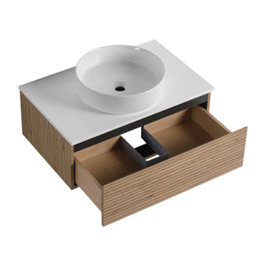English Elm 30'' Floating Bathroom Vanity with Ceramic Vessel Sink and Soft Close Drawer W999S00359