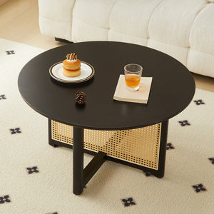 English Elm Mid-century round solid wood coffee table with PE rattan stand, 31.5" Boho black centerpiece, durable style W2720P237624