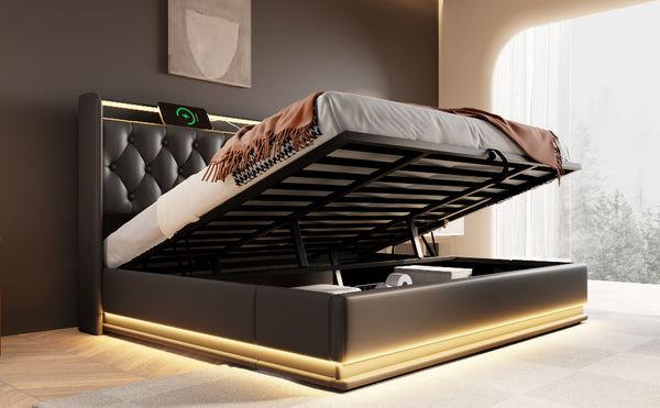 English Elm King Upholstered Bed with Surround LED, App/Remote Control, Hydraulic Storage, USB Type-C Charging Black N736P188808B
