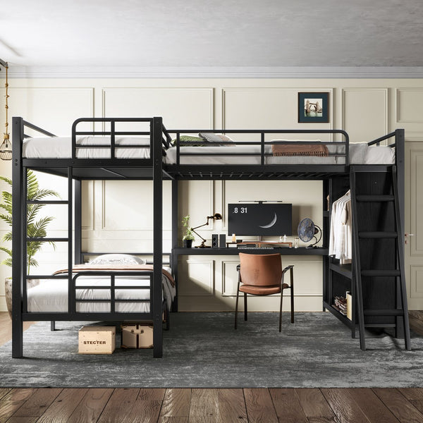 English Elm L-shaped Triple Bunk Bed with Desk Wardrobe Metal Frame for Teen Shared Rooms W5305S00003