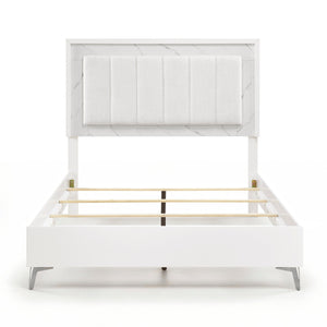 English Elm Glam Queen Bed Chenille Headboard with Led Lighting Faux Marble Chrome Legs B011S02252