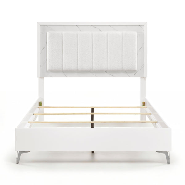 English Elm Glam Queen Bed Chenille Headboard with Led Lighting Faux Marble Chrome Legs B011S02252
