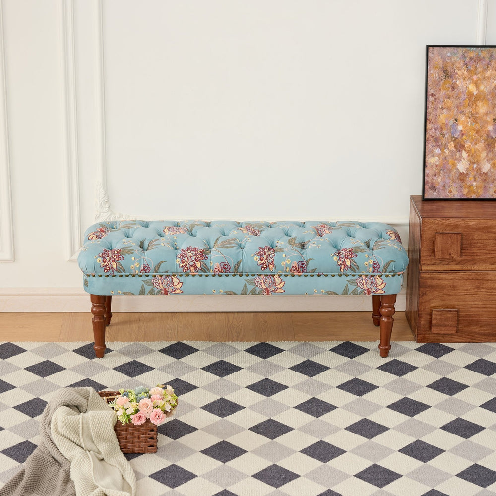 English Elm European Tufted Floral Upholstered Bench with Turned Legs for Bedroom or Living Room W3373P453377