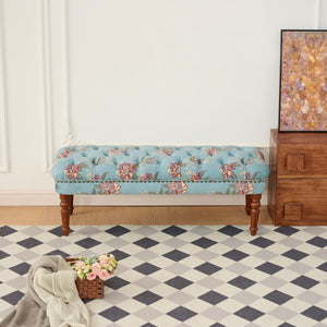 English Elm European Tufted Floral Upholstered Bench with Turned Legs for Bedroom or Living Room W3373P453377