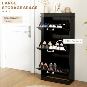 English Elm Homcom Slim Shoe Cabinet - Modern Entryway Organizer With 3 Flip Drawers For 15 Pairs, Black Finish W2225P229501