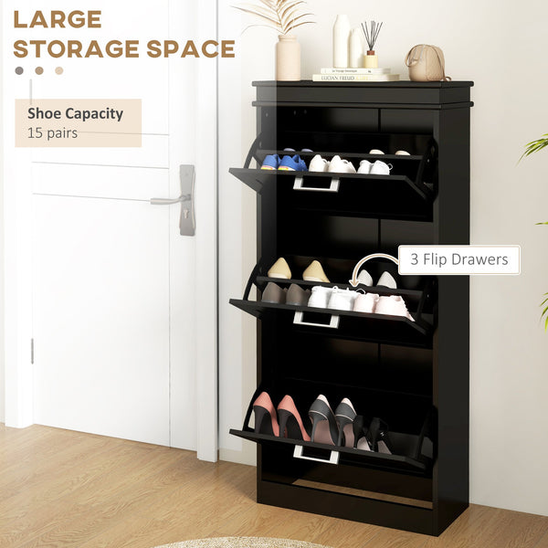 English Elm Homcom Slim Shoe Cabinet - Modern Entryway Organizer With 3 Flip Drawers For 15 Pairs, Black Finish W2225P229501