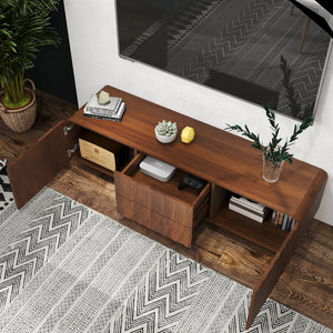 English Elm 58''tv Console Sculpted Spiral Wave Relief Walnut Mid-century Media Stand with Storage Walnut Brown W2263P412380