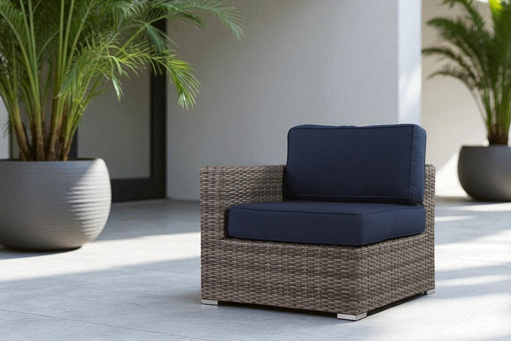 English Elm Wicker One-Arm Sectional Chair with Navy Sunbrella Cushions, Rust-Resistant Aluminum Frame, No Assembly B120P233851