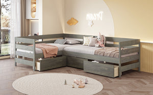 English Elm Twin L-Shaped Platform Bed with Three Spacious Drawers, Solid Pine & MDF, Clean-Lined Design Gray N7090000468E