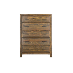 English Elm Wallace & Bay - Brown Rustic 5-Drawer Chest in Caramel Wood Finish — Space-Saving, Low-Maintenance Storage for Bedroom B361P384478