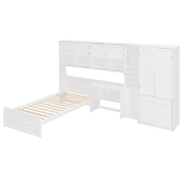English Elm Wooden Twin Loft Bed with Built-in Desk Wardrobe Storage Drawers and Led Lighting N820S00069K