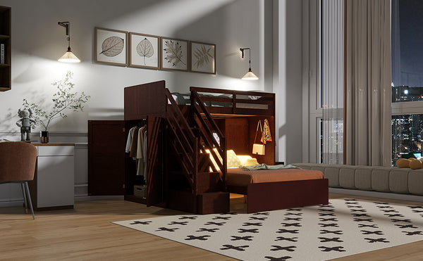 English Elm Twin Over Full Bunk Bed with Wardrobe Storage Stairs Shelves and Usb Charging Espresso LT000292AAP