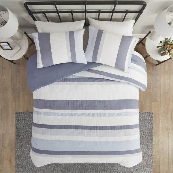 English Elm King/Cal King Allegany 3 Piece Jacquard Duvet Cover Set – Striped Blue Gray Cream, Antimicrobial, Machine Washable, Button Closure B03597366