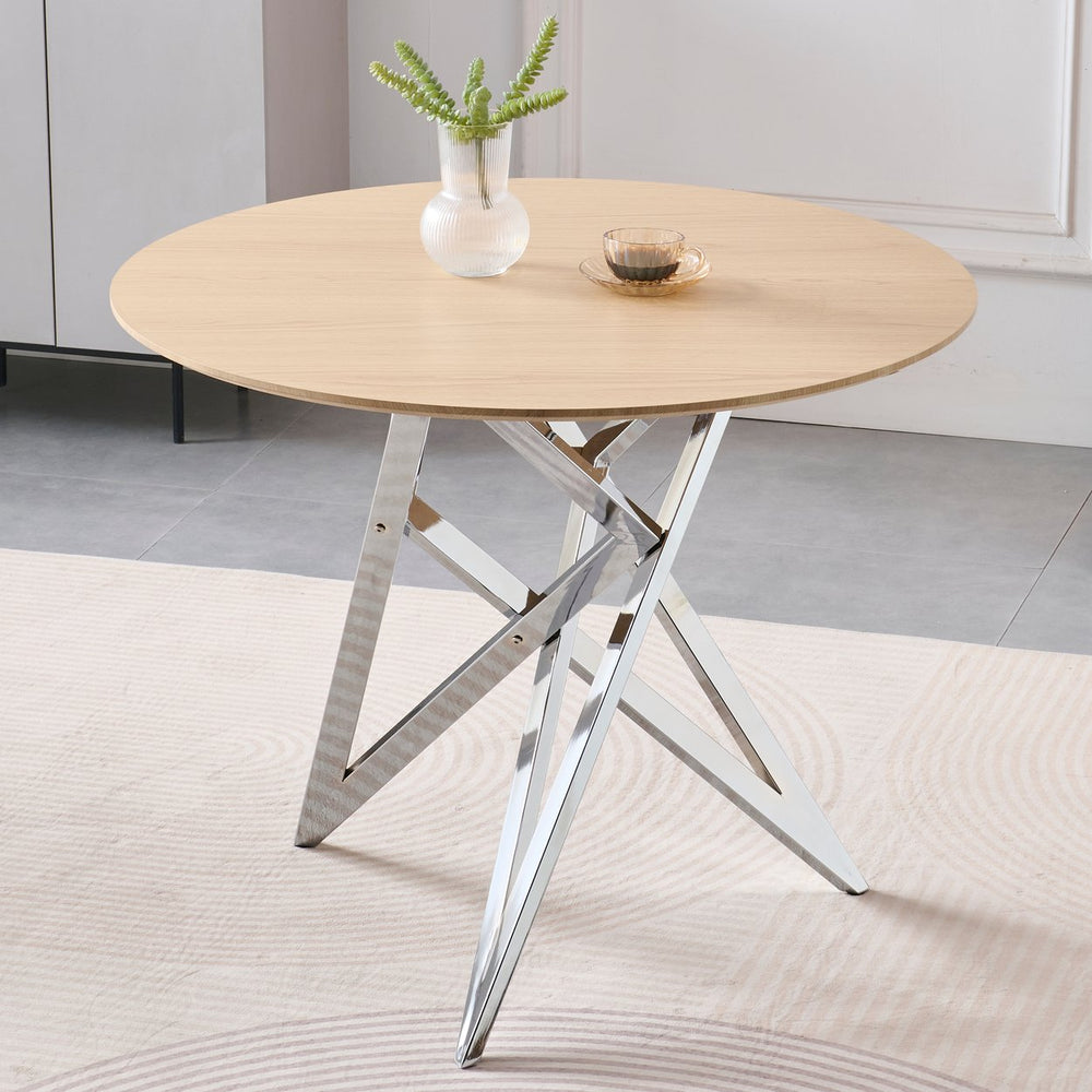 English Elm 37inch Round Dining Table Warm Wood Grain Top Silver Tripod Base Seats Four W3357P395501