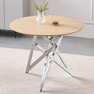 English Elm 37inch Round Dining Table Warm Wood Grain Top Silver Tripod Base Seats Four W3357P395501
