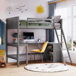 English Elm Twin Loft Bed with Built-in Desk and Open Shelves Solid Pine Kids Study Sleep Gray LT001537AAE-1