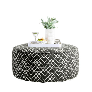 English Elm Contemporary Round Upholstery Ottoman With Elegant Welt Trim - Versatile Black And Ivory Accent Piece B2741P356313