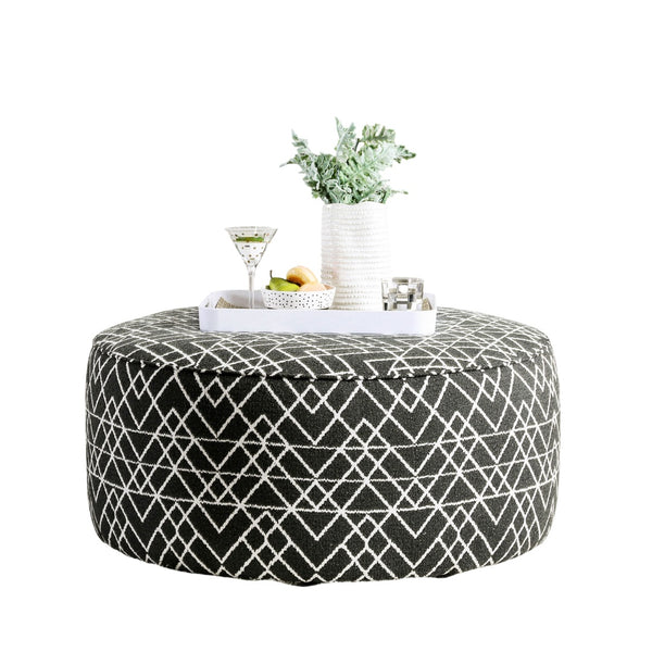 English Elm Contemporary Round Upholstery Ottoman With Elegant Welt Trim - Versatile Black And Ivory Accent Piece B2741P356313