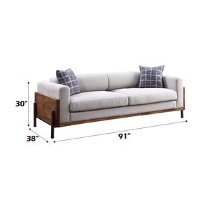 English Elm Pelton Walnut Fabric Sofa with High Shelter Back, Reclaimed Wood Arms, Metal Spindle Legs & 2 Toss Pillows B2726P253093
