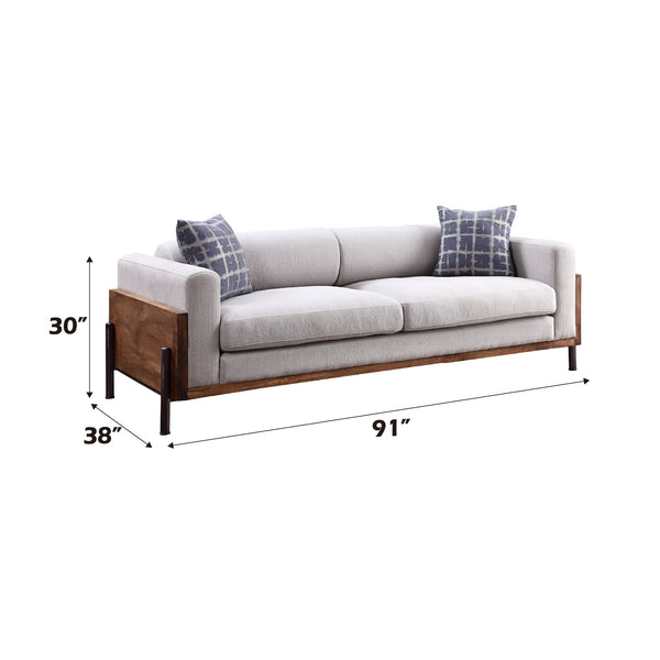English Elm Pelton Walnut Fabric Sofa with High Shelter Back, Reclaimed Wood Arms, Metal Spindle Legs & 2 Toss Pillows B2726P253093
