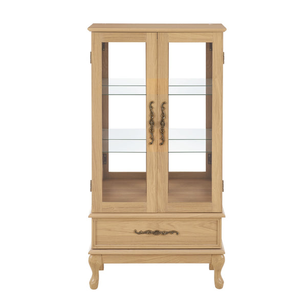 English Elm Curio Lighted Glass Display Cabinet with Adjustable Shelves, Vintage Drawer & Carved Metal Handle, Dark Finish Light Oak W2275P199814