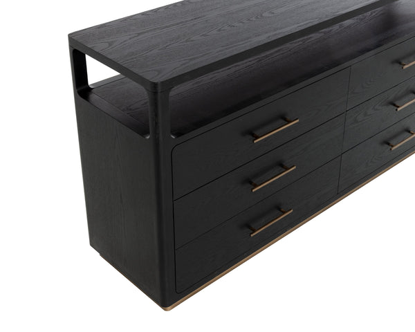 Sunpan Danette Dresser - Minimalist Black Oak Design With Brass Hardware & Open Top Shelf For Decor Display Black Wood 111771