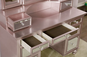 English Elm Transitional Glam Mirrored Vanity with Padded Stool, Spacious Drawers, Central Mirror for Prep and Storage Rose Gold 51 L x 21 W x 30 H B2741P400805