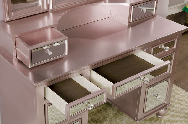 English Elm Transitional Glam Mirrored Vanity with Padded Stool, Spacious Drawers, Central Mirror for Prep and Storage Rose Gold 51 L x 21 W x 30 H B2741P400805
