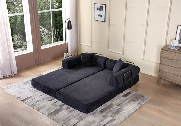 English Elm Convertible Sleeper Sofa Bed Corduroy Folding Mattress Couch with Cylindrical Pillow, Versatile Comfort and Support Black W3199P277913