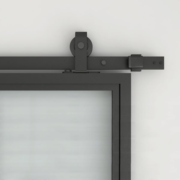 English Elm 30 in Matte Black Steel Sliding Barn Door Frosted Glass Privacy Panel with Hardware B2763P483191