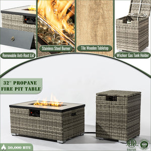 English Elm 32" Outdoor Propane Fire Pit Table with Ceramic Top, 50,000 BTU Stainless Steel Burner, Wicker Base and Tank Cover Beige W853P202196