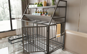 English Elm Large Pet Cage with Iron Frame Mdf Panels Storage Rack and Steel Feeding Basins Black,Gray+Charcoal W3064P245387