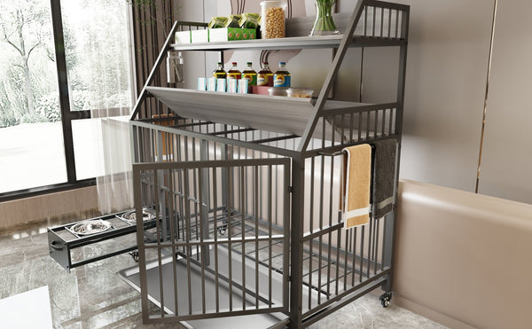 English Elm Large Pet Cage with Iron Frame Mdf Panels Storage Rack and Steel Feeding Basins Black,Gray+Charcoal W3064P245387