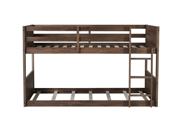 English Elm Twin Twin over Twin Floor Bunk Bed with Rustic Panel Headboards, Solid Rubberwood Frame, Space-Saving Design Antique Dark Oak W504P263818