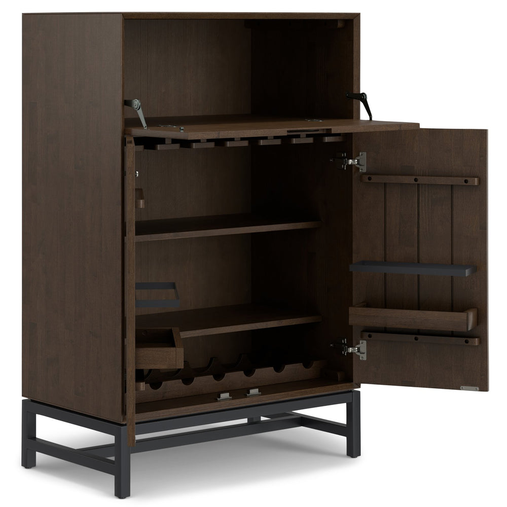 English Elm Banting Bar Cabinet Walnut Brown – Handcrafted Rubberwood & Metal Base, Wine Storage, Stemware Rack B136P362543