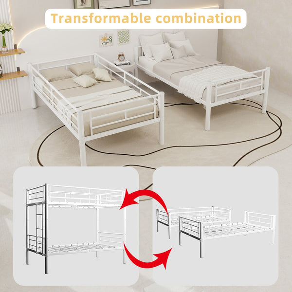 English Elm Twin Metal Bunk Bed for Kids Durable Sturdy Frame with Guardrails & Ladder, Convertible to 2 Beds White W1935P300320