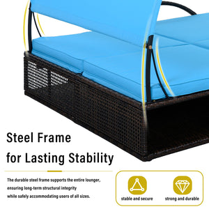 English Elm U_style Outdoor Double Sun Lounger Hdpe Wicker Steel Frame with Canopy Pop up Tables Blue WY000485AAC
