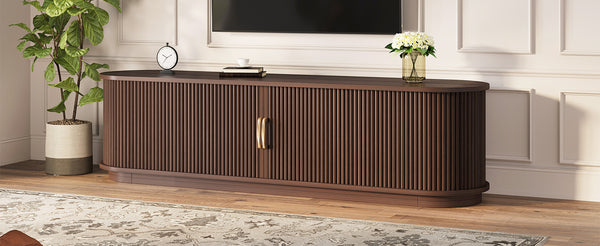 English Elm Vintage Farmhouse Media Console with Slatted Sliding Doors and Brass Hardware for Living Room Walnut N721P427206P