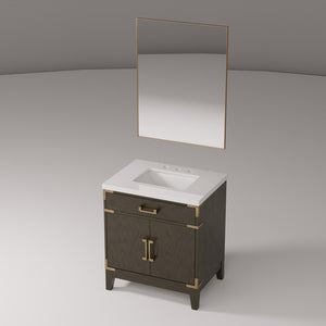 English Elm Brown Oak Single Bath Vanity With White Quartz Countertop & 28" Mirror – Elegant Storage Solution B2731S01454