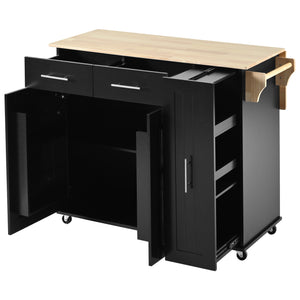 English Elm K&K Kitchen Island with Drop Leaf, Rolling Storage Cart with 3-Tier Pull-Out Organizer, Durable Wood Countertop Black WF531421AAB