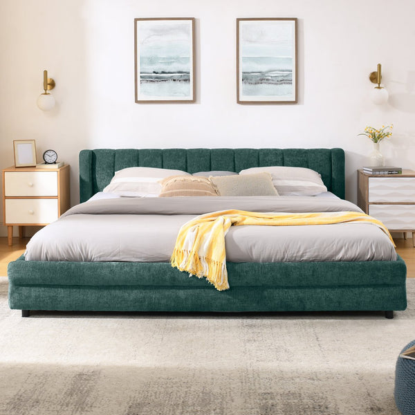 English Elm King Chenille Upholstered Platform Bed with Storage Drawers and Structured Headboard Blue+Green W487S00416