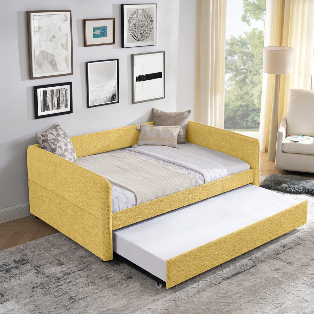 English Elm Full Size Boucle Daybed with Pop up Trundle Tufted Upholstered Sofa Sleeping Yellow W1413S00177