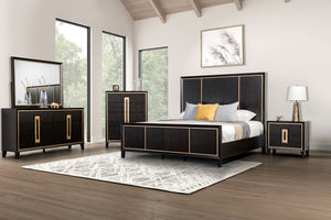 English Elm Bedroom Wooden Queen Bed with High Panel Headboard, Gold Trim Accent, Modern Luxury Design Espresso 25 L x 70 W x 5 H B2741S00072